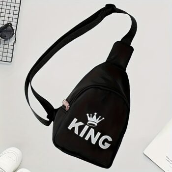 Чантичка през рамо за момче с надпис крал (KING), чанта с регулируема презрамка и цип, лека и удобна за ежедневна употреба - Черен