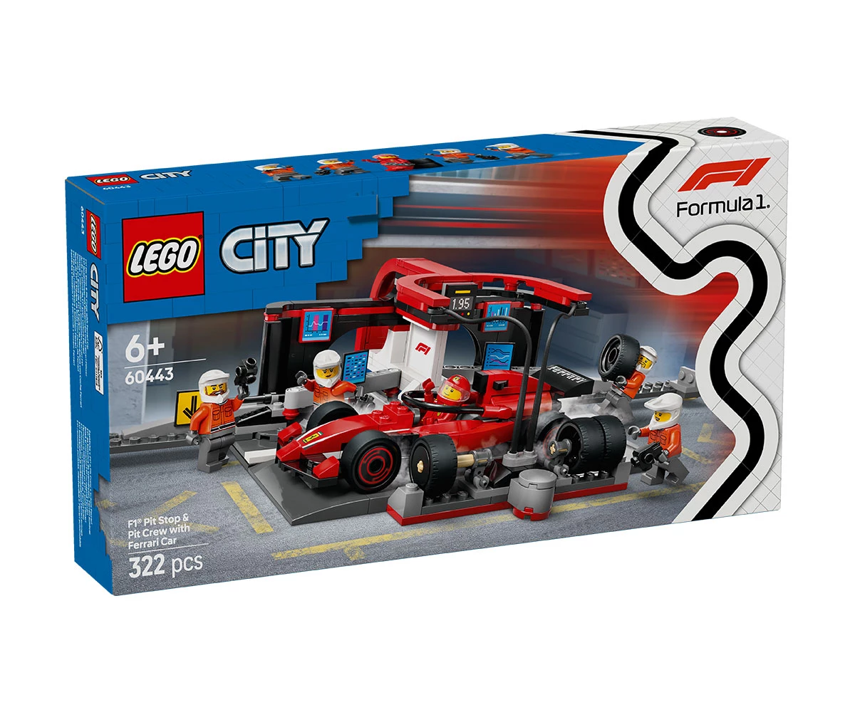 Детски комплект за игра LEGO® City 60443 - Питстоп и механици от F1® с кола Ferrari Конструктор ЛЕГО City 60443
