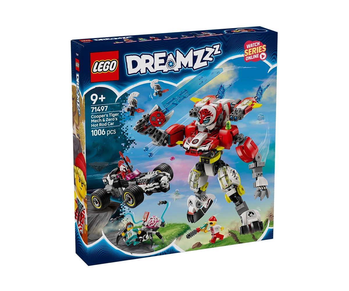 Детски комплект за игра LEGO® DREAMZzz™ 71497 - Тигър-робот на Купър и кола драгстер на Zero Конструктор ЛЕГО DREAMZzz 71497