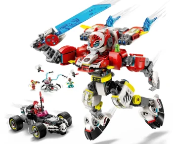Детски комплект за игра LEGO® DREAMZzz™ 71497 – Тигър-робот на Купър и кола драгстер на Zero