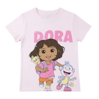 Памучна детска тениска за момиче Дора Изследователката (Dora the Explorer), розова тениска с къс ръкав за момиче 100% памук
