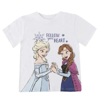 Памучна детска тениска за момиче с Елза и Анна от Замръзналото кралство (Frozen), бяла блуза за момиче с къс ръкав от100% памук