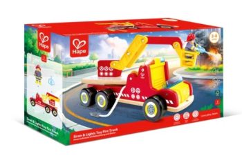 Детски дървен комплект, Hape, Пожарна кола със сирена и светлини, 3 части