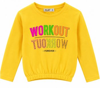 Памучна блуза за момиче с дълъг ръкав с ластик и щампа с камъчета "Workout"